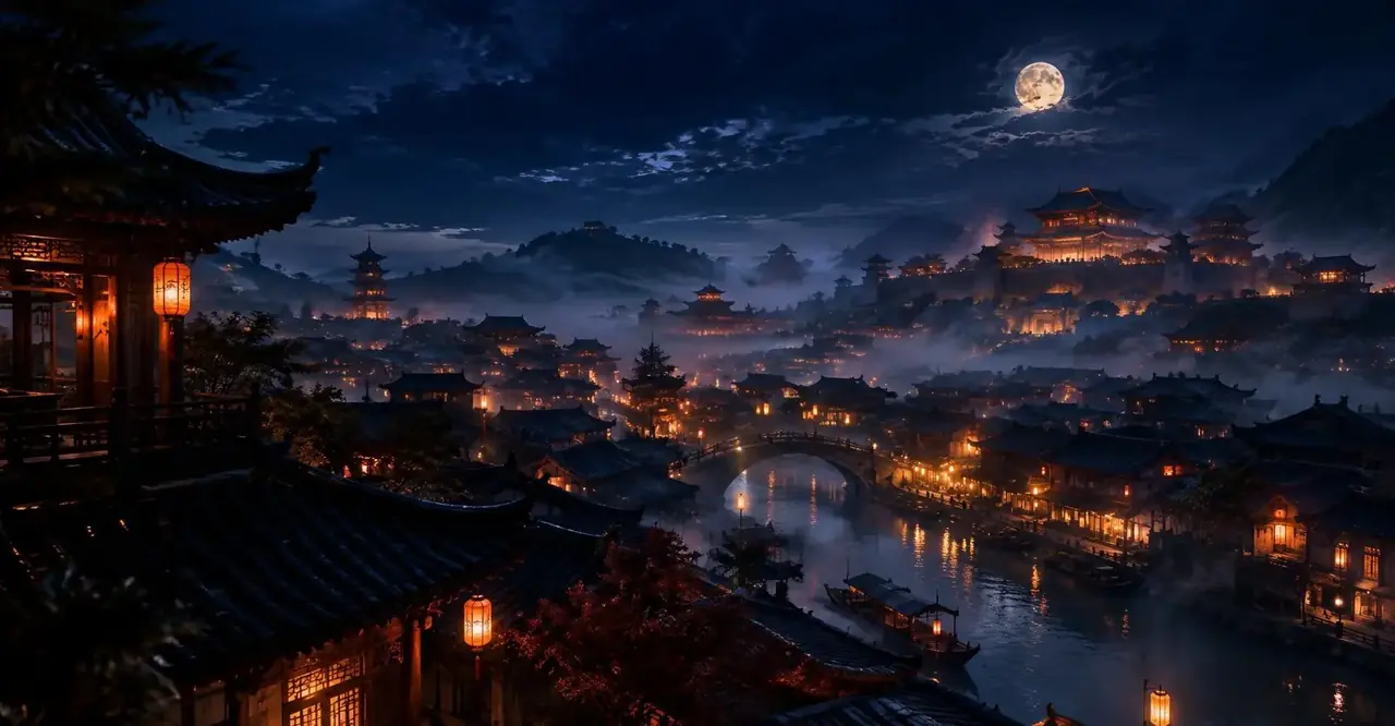 黄果剧场《城楼月明》首屏剧照，穿越重生题材夜色场景